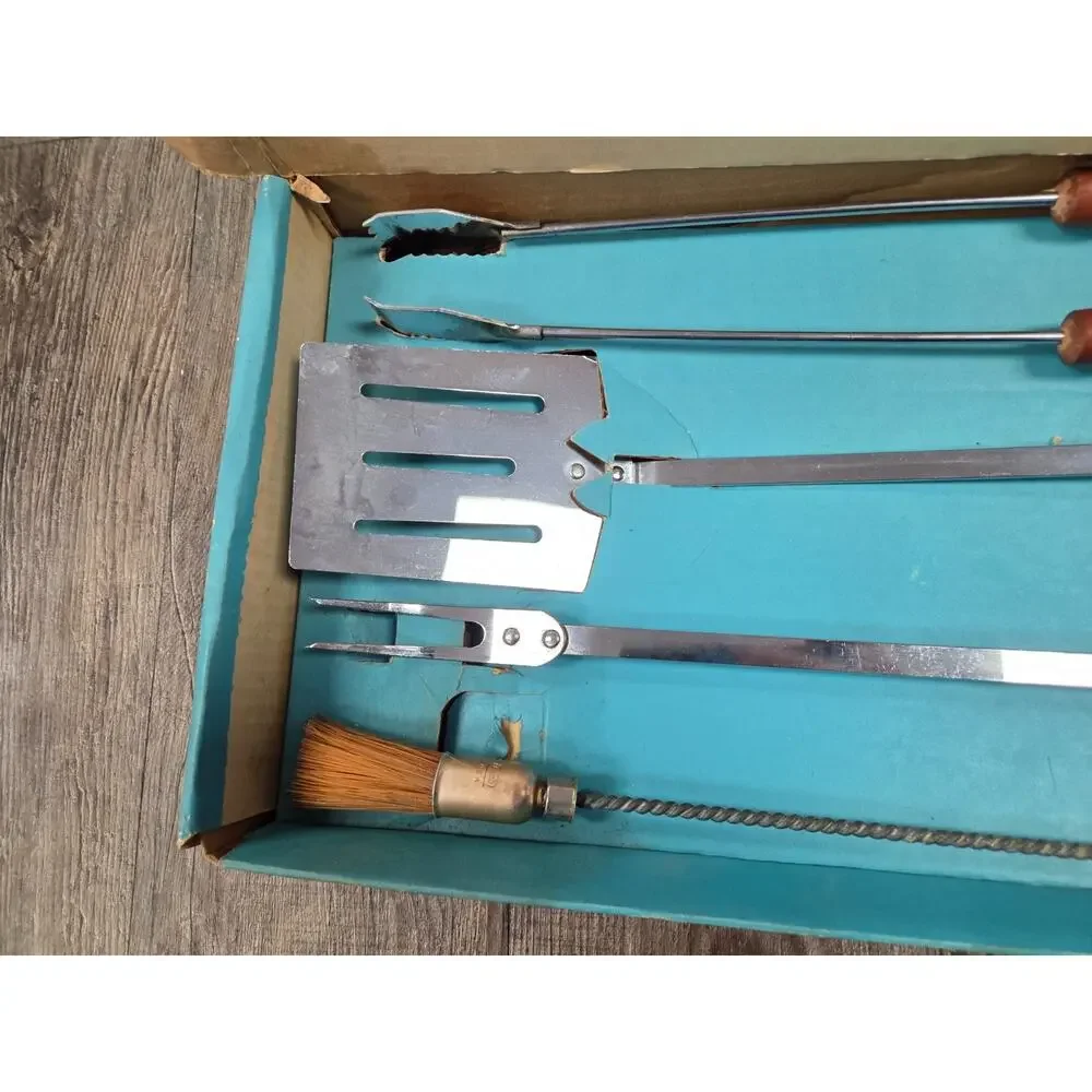 Vintage Ekco Barbecue 4 Pc Tool Set New In Box Fork Brush Turner Wood Handles